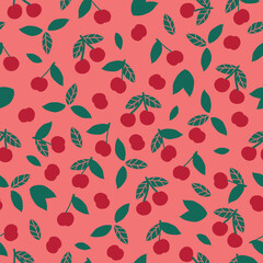simple cherry pattern on pink  background. ripe cherries with leaves. Vector pattern. Fashionable print for textiles and wallpaper.