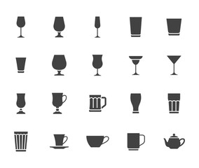 Glass flat illustration including icons as drink glassware type - beer mug, whiskey shot, wineglass, teapot minimal illustration. Simple glyph silhouette art about cocktail, beverage. Black color