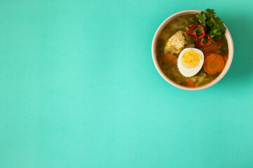 Vegetable soup on the table. Food background.