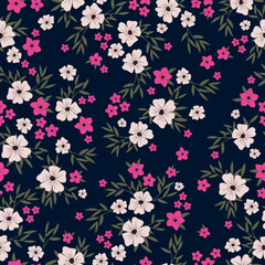 Fashionable seamless vector floral pattern. Endless print of pink and white flowers. Dark blue background. Stock vector illustration.