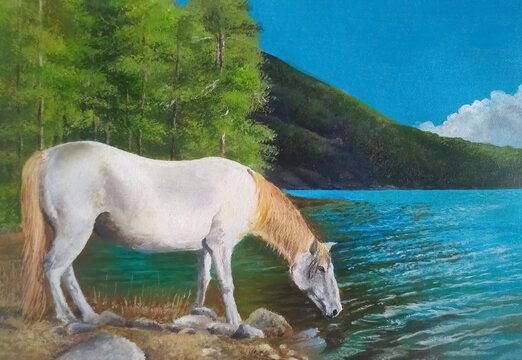painting a white horse and a blue lake using beach paint