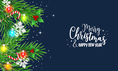 Christmas winter scenery with multicolor light chain, holly berries, green branches, snowflakes, snowfall and stars. Happy New Year vector background.
