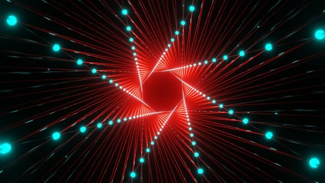 Abstract 3d motion tunnel on rotating lines out of dots and glow effect n the center on black background