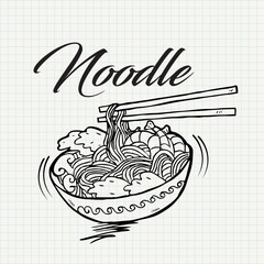 Doodle Noodle at bowl and stick. Hand drawing illustration.