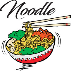 Doodle Noodle at bowl and stick. Hand drawing illustration.