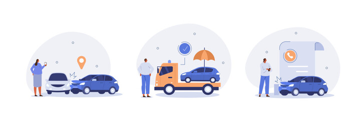 Car accident illustration set. Characters standing near broken car and calling to insurance company or tow truck services. Auto protection concept. Vector illustration.