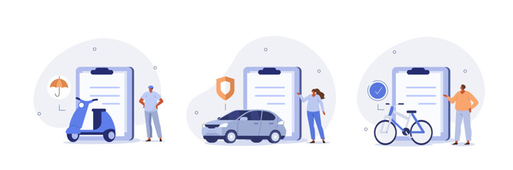 Vehicle insurance illustration set. Characters buying car, bicycle and motorbike insurance policy with full coverage and protection. Insured persons and objects. Vector illustration. © Irina Strelnikova