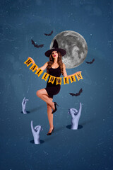 Vertical collage illustration of witch girl hold halloween letters flags dead arms ground flying bats isolated on night moonlight background