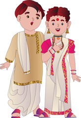 A young Indian Bengali Assamese married couple dressed in red and white ethnic Indian dress and smiling