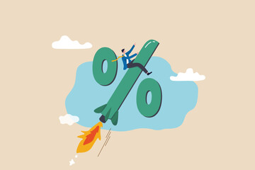 Interest rate rising up, Federal reserve or central bank raising policy, inflation or monetary percentage concept, businessman riding percentage with rocket booster metaphor of interest rate hike.