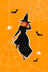 Photo artwork minimal picture of funky funny witch jack o lantern instead of head isolated drawing background - obrazy, fototapety, plakaty
