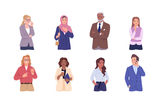 Business people avatars. Vector cartoon illustration of business diverse people of different positions from management to employees with or without accessories in their hands. Isolated on white
