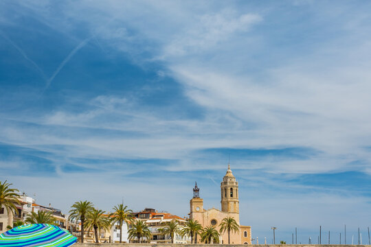 View of church on coast of Sitges in Spain