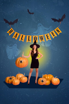 Vertical collage image of witch girl hand hold pumpkin flying bats hold halloween flags ghosts spiders horrifying atmosphere