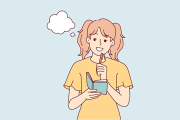 Smiling girl take notes in notebook make plans or dreams. Happy child handwrite in notepad brainstorming or daydreaming. Vector illustration. 