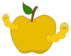 Smiling yellow maggot coming out of a juicy yellow apple