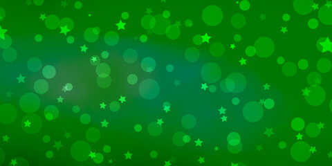 Light Green vector backdrop with circles, stars.