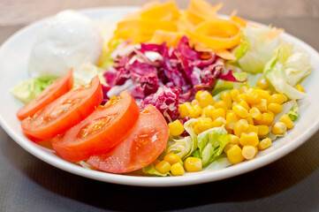 Summer Salad with fresh vegetables Caprese Salad With Buffalo Mozzarella Cherry Tomatoes, Basil and Corn