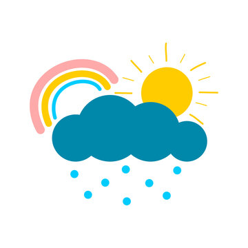 Cute blue cloud storm water drop rain with yellow sun and line rainbow boho doodle icon flat vector design.