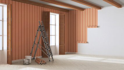 Empty room with white walls, wooden ceiling and parquet floor, shits of striped orange wallpaper on the wall with copy space. Housework concept