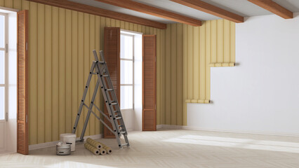 Empty room with white walls, wooden ceiling and parquet floor, shits of striped yellow wallpaper on the wall with copy space. Housework concept