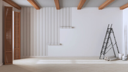 Empty room with white walls, wooden ceiling and parquet floor, shits of striped wallpaper on the wall with copy space. Wallpapering concept