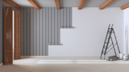 Empty room with white walls, wooden ceiling and parquet floor, shits of gray striped wallpaper on the wall with copy space. Wallpapering concept