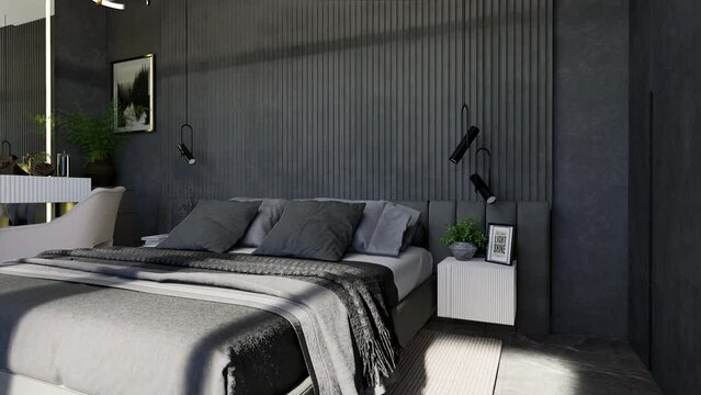 Modern interior design bedroom, luxury apartments interior design 3D animation.