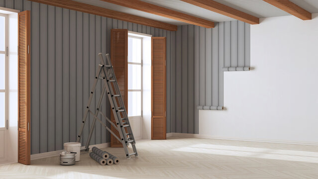 Empty room with white walls, wooden ceiling and parquet floor, shits of striped gray wallpaper on the wall with copy space. Housework concept