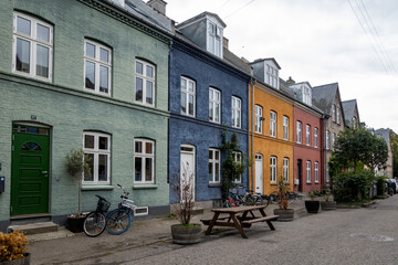 Copenhagen, Denmark Colorful houses on Olufsvej in the district in Osterbro.