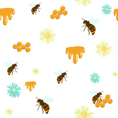 bees on white with flower honey comb seamless pattern