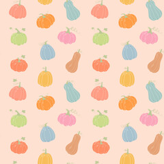 Pastel pumpkins seamless pattern. Cute autumn background for Halloween, Harvest festival, Thanksgiving Day and other.