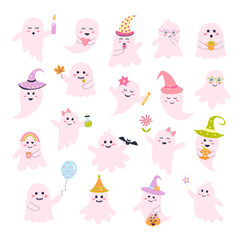 Cute pink halloween ghosts set. Creepy baby boo characters for kids. Magic scary spirits with different emotions, facial expressions and accessories. Perfect for holiday, decoration, stickers, icons.