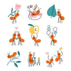 Ants busy and relaxing life, vector cartoon collection