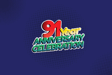 91 year anniversary celebration fun style logotype. anniversary logo with red, purple and blue color isolated on red background, vector design for celebration, invitation and greeting card - Vector