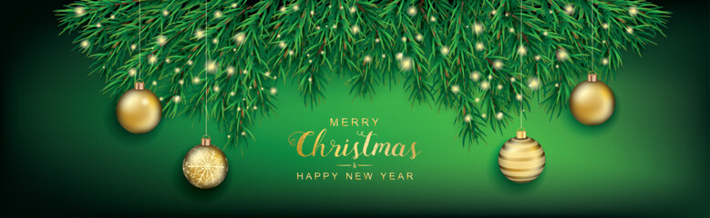 Green Header Twigs Merry Christmas Golden Baubles