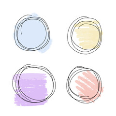 Hand-drawn circles with a pen on a background of multicolored paint spots. Vector doodle on the background of a paint spot.