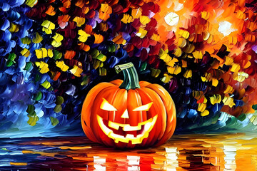 cheerful halloween pumpkin / jack-o-lantern in autumn painted in bright colors with oil paint - illustration