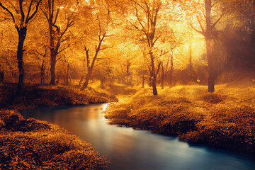 Autumn river in park. Beautiful nature background. Hyper realistic digital painting. 3D illustration