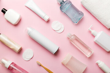 Mockup for bathing products top view flat lay, spa razor, toothpaste, soap, gel and other various accessories. Cosmetics for skin health. Bath Mockup for your logo