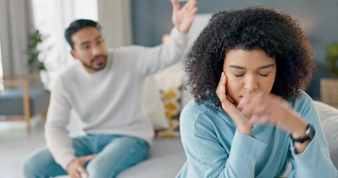 Angry couple and fight with cheating woman thoughtful with regret listening to partner in grief. Frustrated, mad and sad boyfriend conflict with girl for infidelity in home handheld movement.