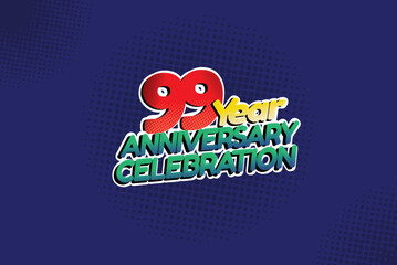 99 year anniversary celebration fun style logotype. anniversary logo with red, purple and blue color isolated on red background, vector design for celebration, invitation and greeting card - Vector