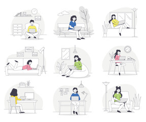 Freelance Remote Work with Man and Woman Sitting at Laptop at Home Outline Vector Set