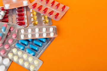 too many different pill of various blisters with different pills Medicines storage at home concept Medication storing. A pile of medicine in blister packs. Pharmaceutical blister packs