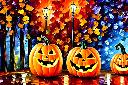 cheerful halloween pumpkins in autumn in a park with lanterns painted in bright colors with oil paint - illustration