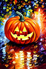 cheerful halloween pumpkin / jack-o-lantern in autumn painted in bright colors with oil paint - illustration