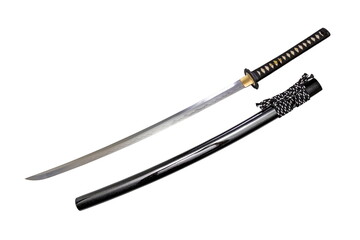 Japanese sword steel fitting and black silk cord with glossy black scabbard isolated in white...