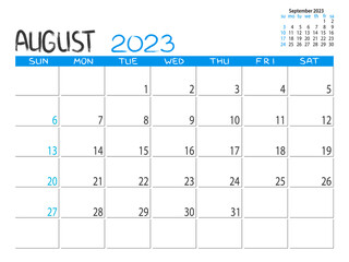 Calendar 2023 year. August 2023 planner. Desctop calendar design. 2023 month planner. Life or business planner. Place for notes. Printable template.