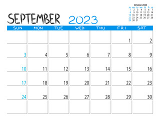 Calendar 2023 year. September 2023 planner. Desctop calendar design. 2023 month planner. Life or business planner. Place for notes. Printable template.