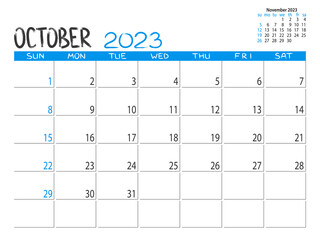 Calendar 2023 year. October 2023 planner. Desctop calendar design. 2023 month planner. Life or business planner. Place for notes. Printable template.